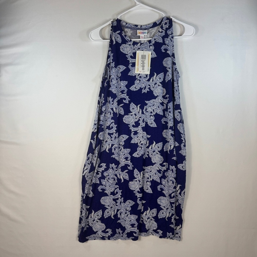LuLaRoe Carly Dress Small Navy Blue White Floral Paisley Sleeveless Swing Mini